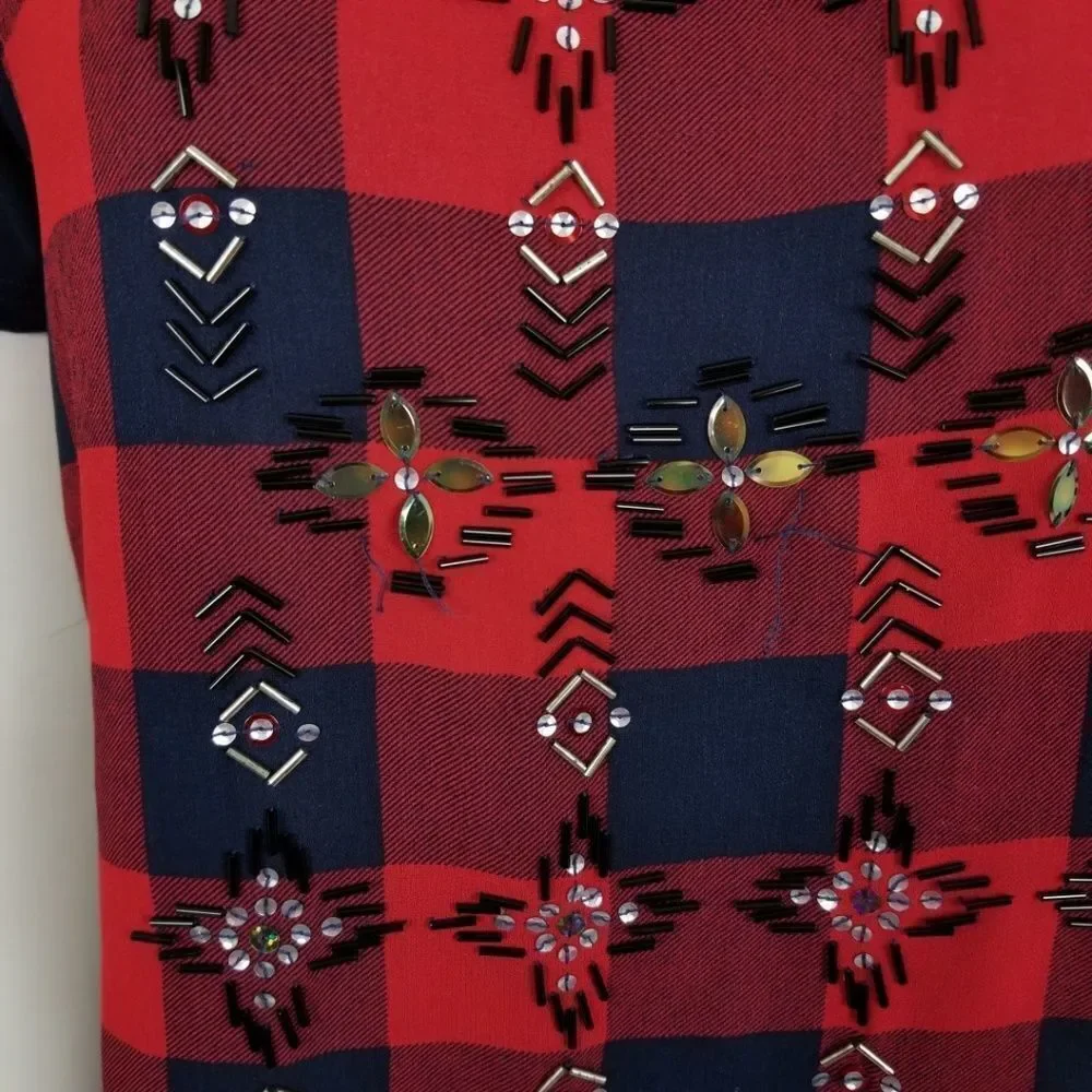 J. Crew Embellished Tartan Plaid T Shirt Small